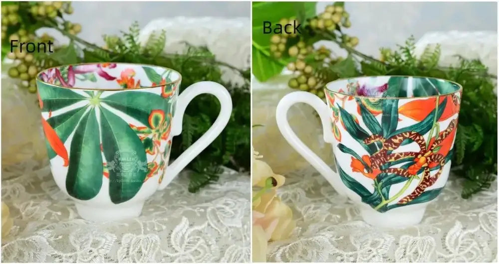 A white ceramic mug from the tropical green leaf collection with vibrant leaves and flowers for an elegant dining experience