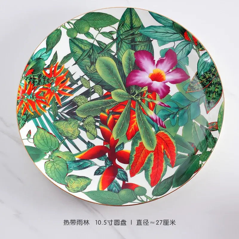 A vibrant tropical rainforest-themed porcelain plate with bold flowers from the green leaf collection for dining experience