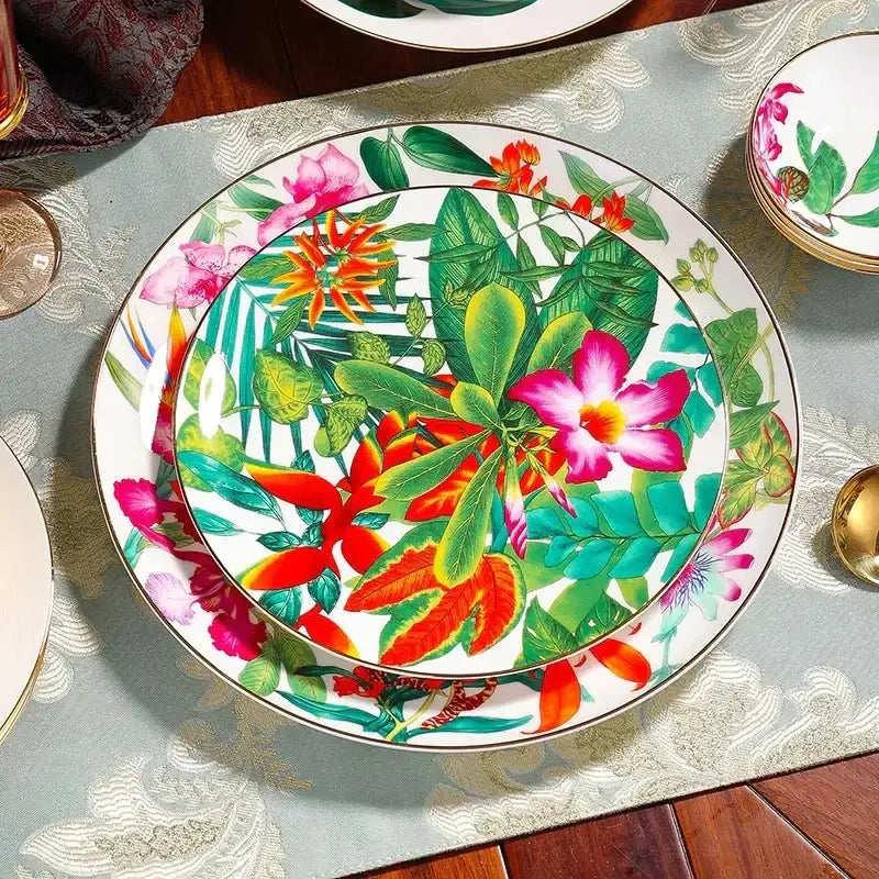 Vibrant tropical-themed porcelain dinner plate with pink and green leaf collection patterns for an enhanced dining experience