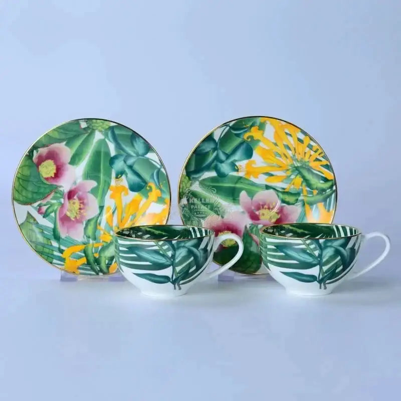 Tropical green leaf collection porcelain tea set with floral patterned cups and gold rims for dining room use