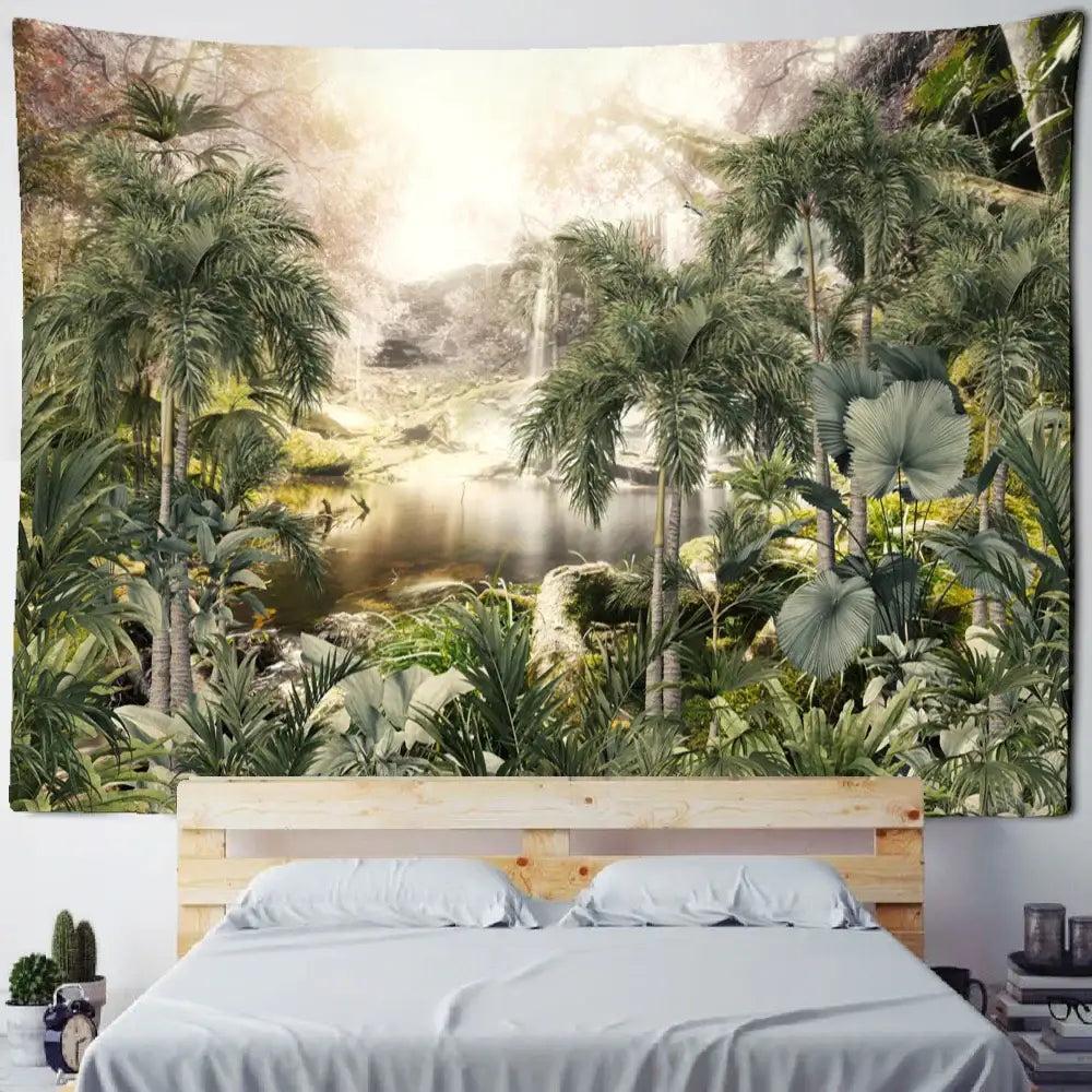Tropical king palm landscape plant tapestry with lush palm trees and waterfall in soft greens and golden light for wall decorbites king palm decor