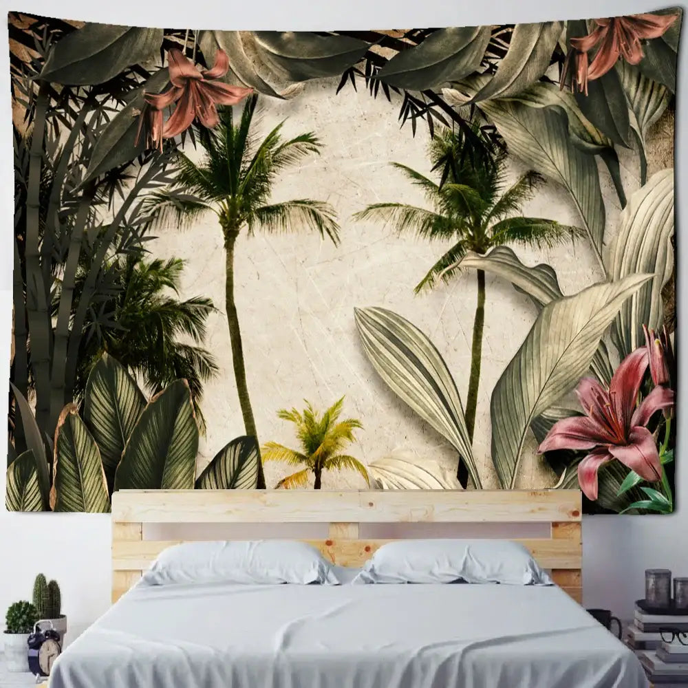 Tropical king palm landscape plant tapestry with lush green palm trees and pink lilies on beige decorbites king palm wall hanging
