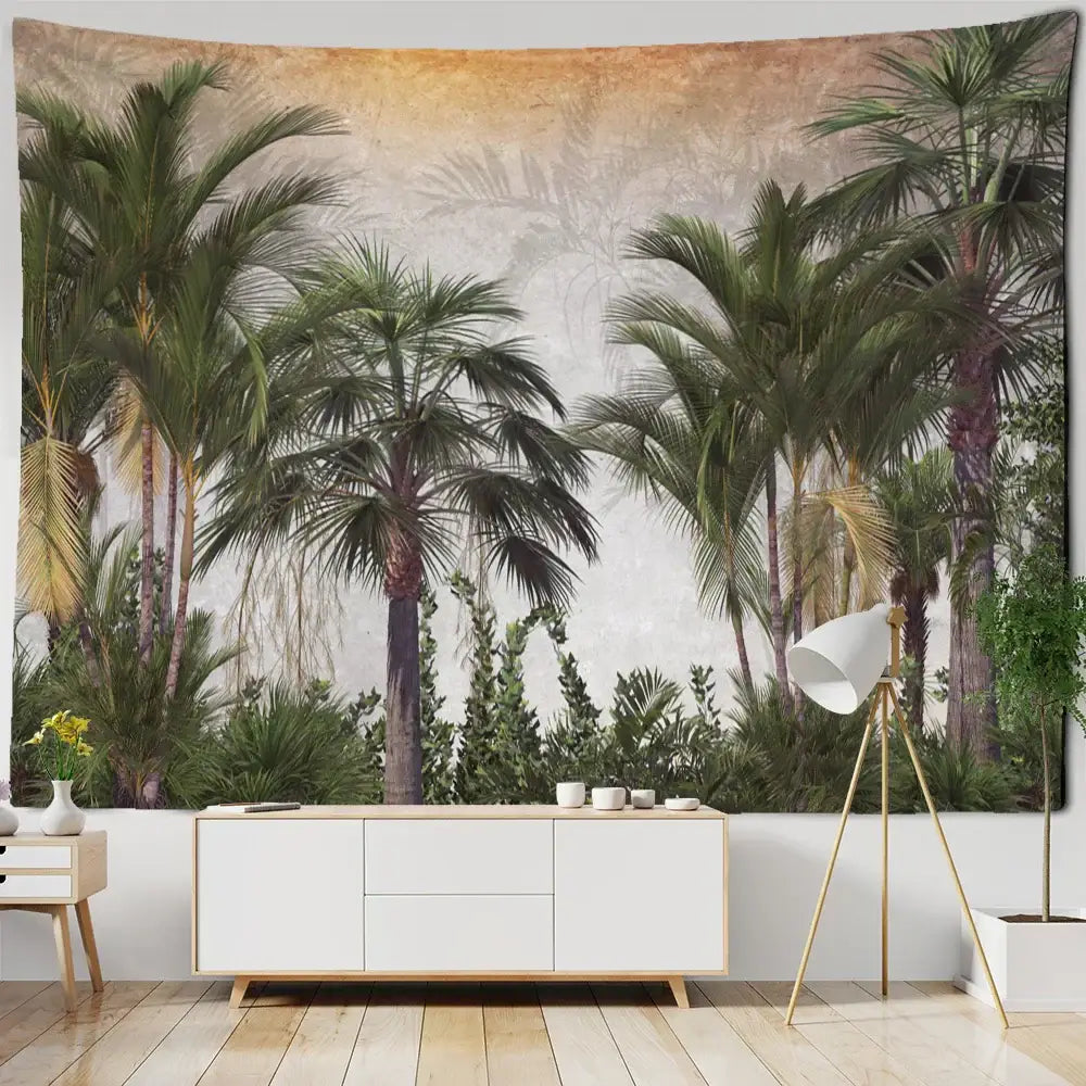 Tropical king palm landscape plant tapestry with lush green fronds on textured beige decorbites king palm wall hanging