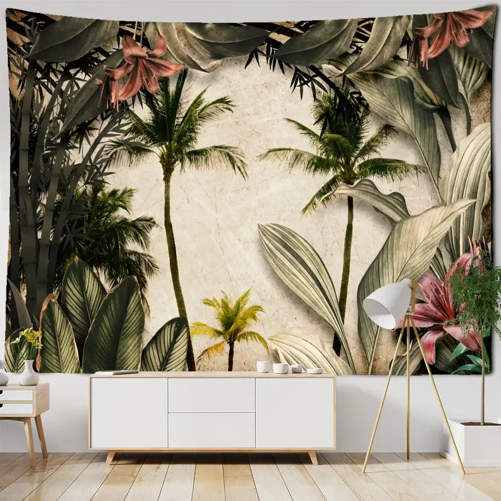 Tropical king palm landscape plant tapestry featuring lush green palms and pink lilies on beige textured decorbites king palm wall hanging