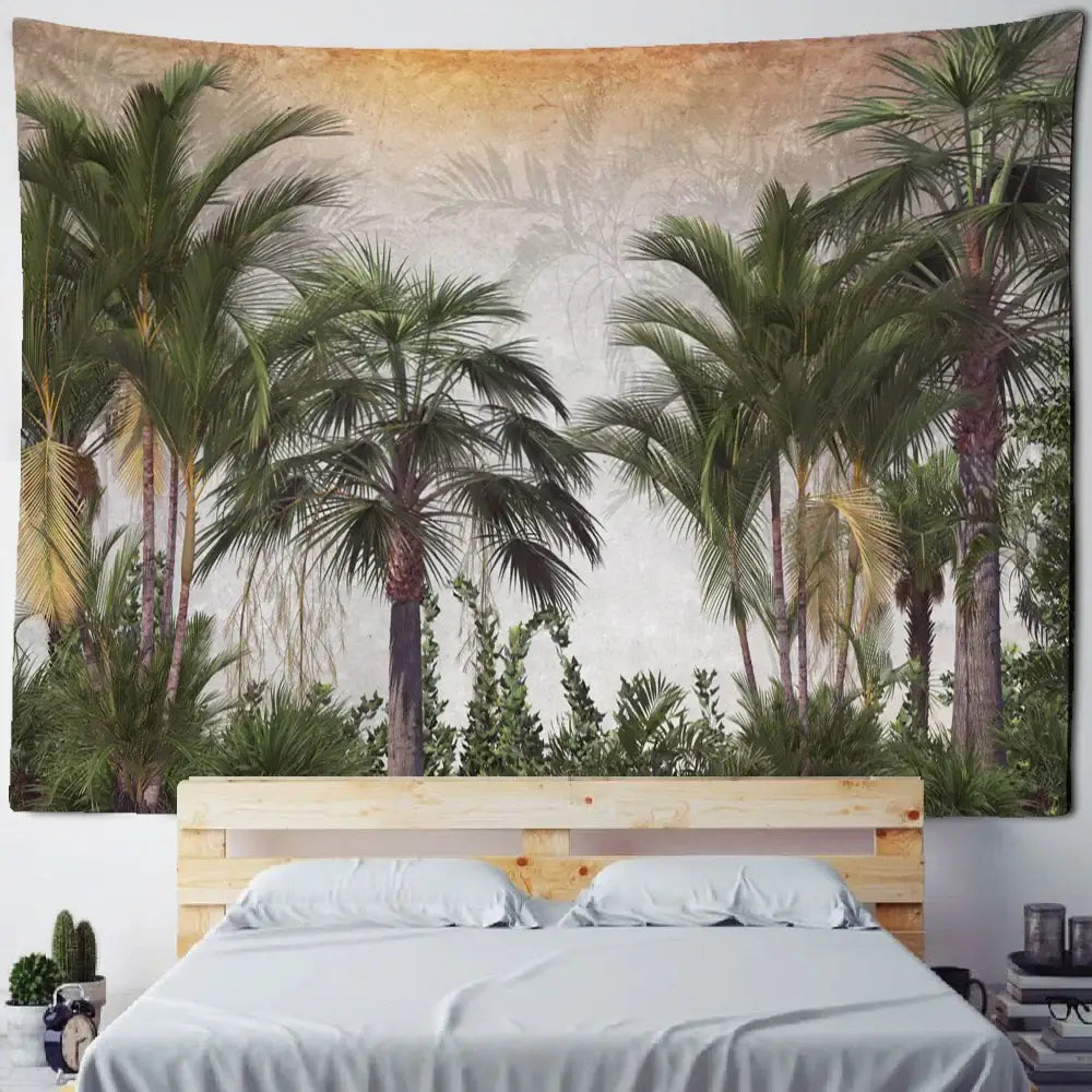 Tropical king palm landscape plant tapestry with lush green fronds and vintage textured background for decorbites king palm wall hanging