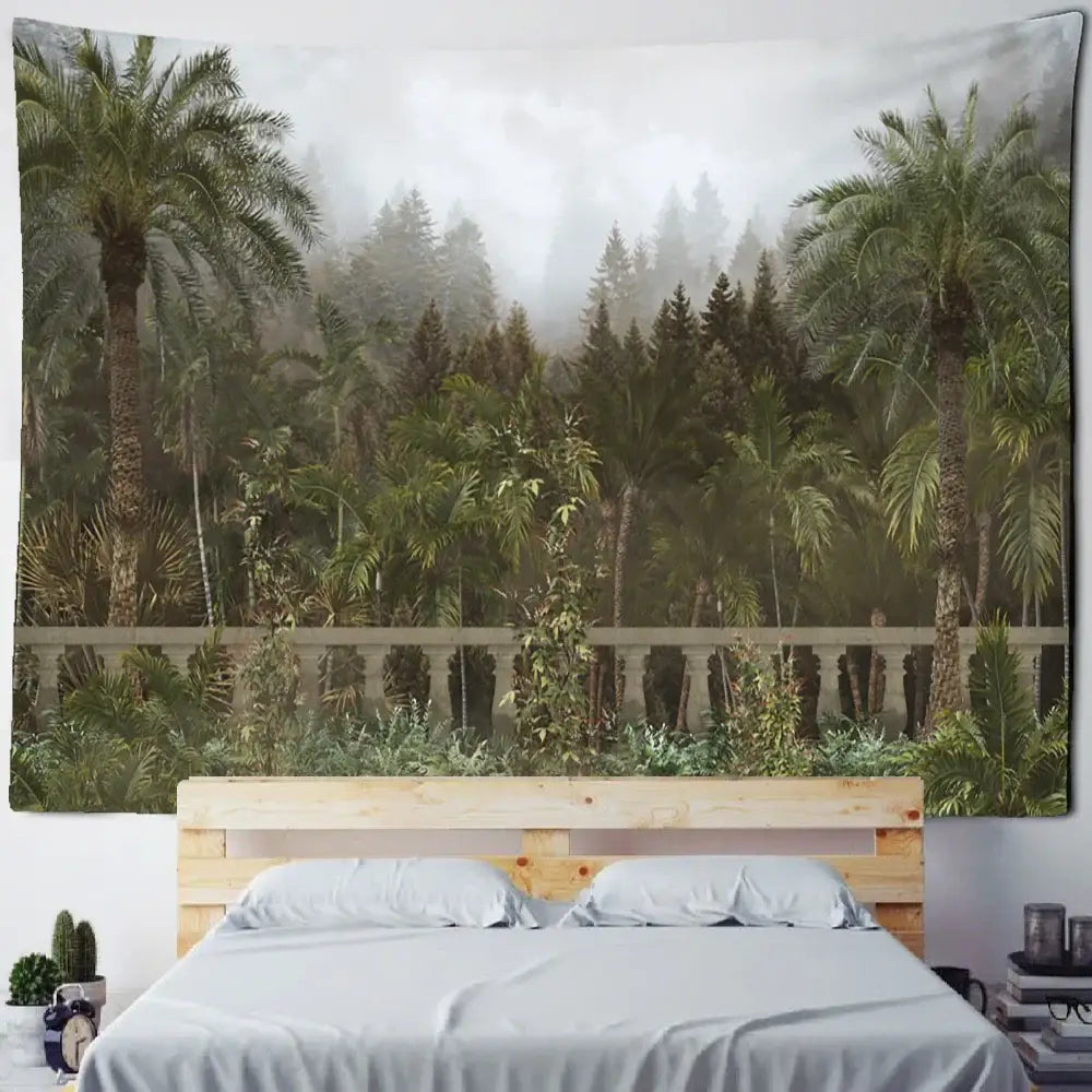 Tropical jungle-themed wall tapestry with lush green decorbites king palm and misty palm landscape plant design for living room