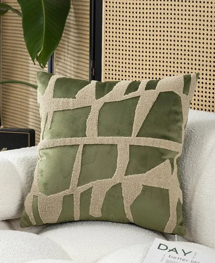 Olive green velvet cushion cover with cream abstract geometric embroidered patchwork design for living room use