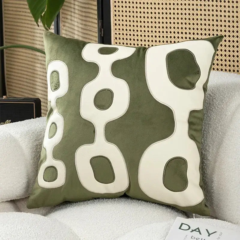 Olive green velvet cushion cover with cream embroidered patchwork geometric design for living room decor