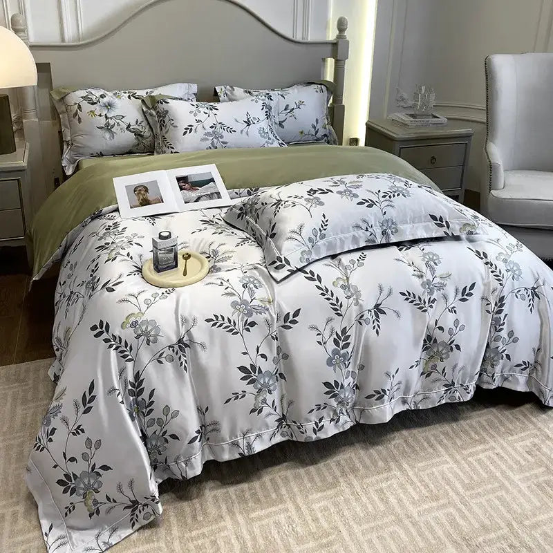 White satin-like duvet cover with gray and green floral pattern and ruffled edges in tropical sage green printed faux silk bedding set decorbites 3d printed