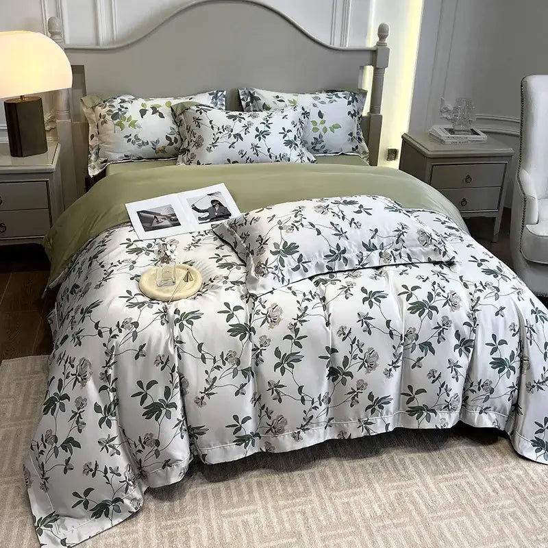 White satin bedding set with tropical sage green printed faux silk floral pattern in an elegant bedroom decorbites 3d printed