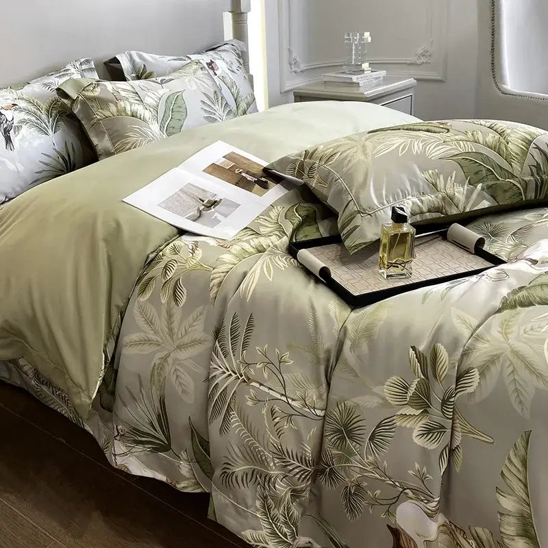 Elegant sage green and cream tropical leaf printed faux silk bedding set by decorbites 3d printed for bedroom comfort