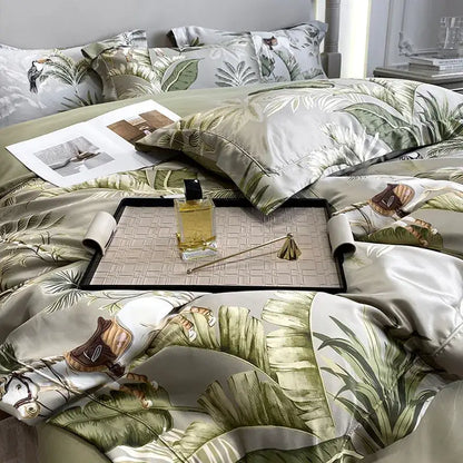 Luxury satin bedding set with tropical leaf and horse print in muted greens on ivory base decorbites 3d printed faux silk