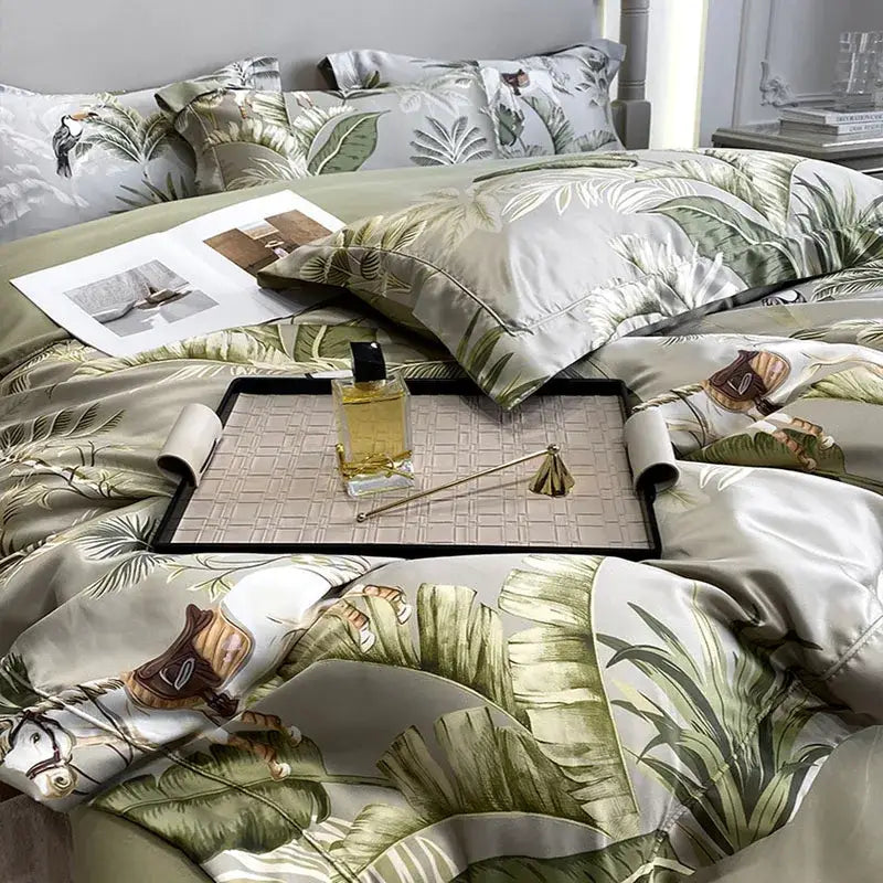 Luxury satin bedding set with tropical leaf and horse print in muted greens on ivory base decorbites 3d printed faux silk