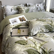 Elegant sage green printed faux silk bedding set with lush tropical leaf and bird pattern for bedroom decorbites 3d printed