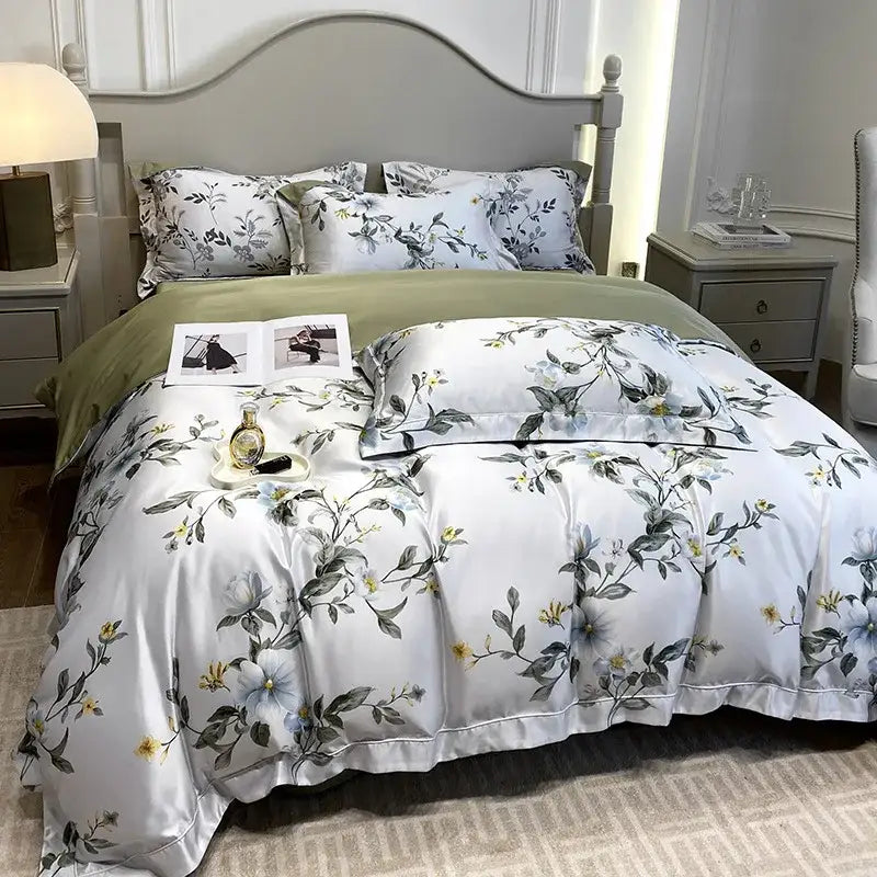 White satin-like decorbites 3d printed tropical sage green bedding set with delicate gray blue yellow floral printed faux silk design
