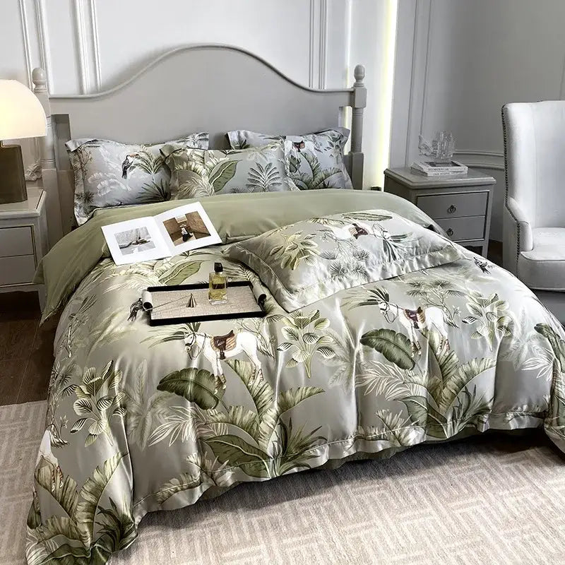 Luxurious sage green ice silk plant bedding set with intricate tropical botanical print and matching decorbites ice silk pillow shams