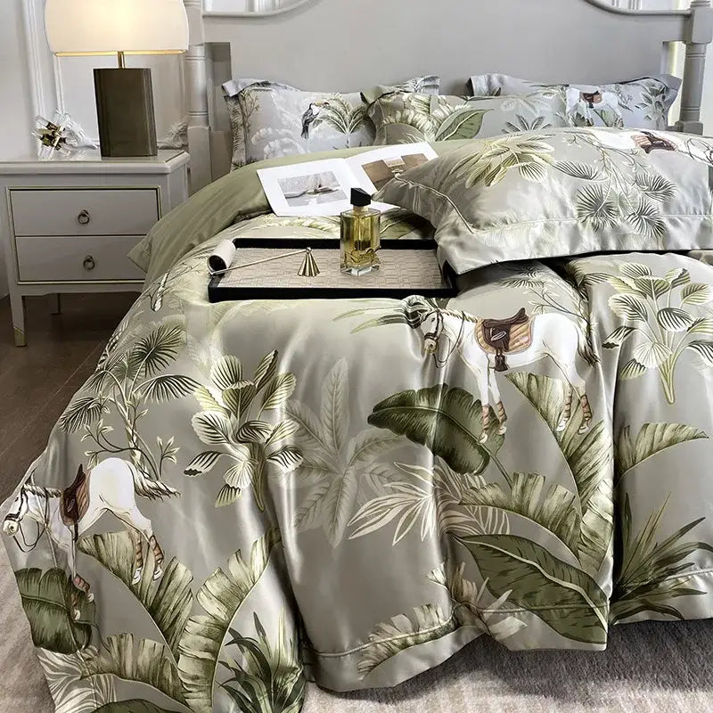 Silk-like ice silk plant bedding set with tropical white horses and green foliage on olive-gray decorbites duvet cover