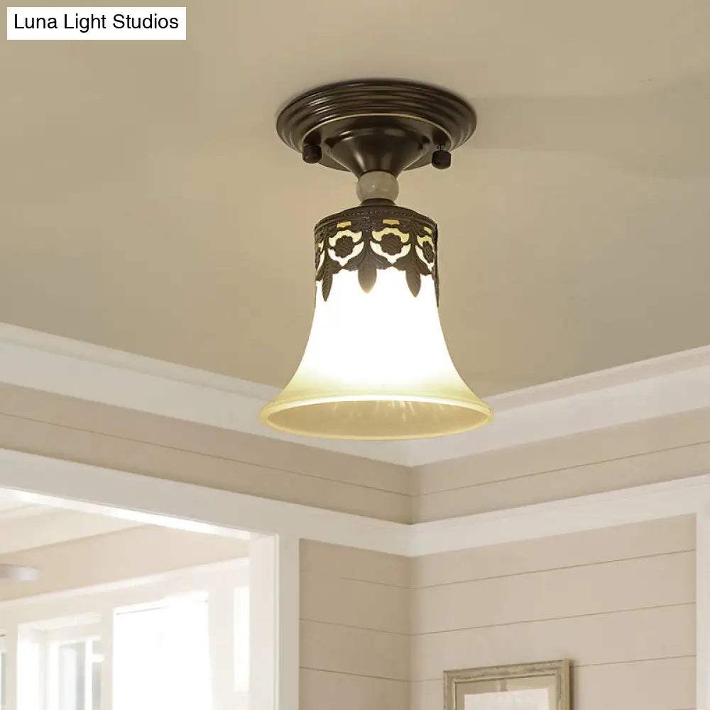 Trumpet Flare Beige Glass Semi-Flush Mount Ceiling Light for Foyer Décor