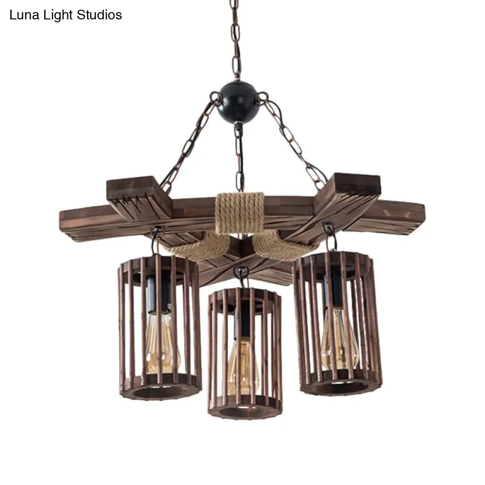 Tseen Kee - Vintage Wood Brown Chandelier - Cylinder Pendant Light  (3/6-Light)