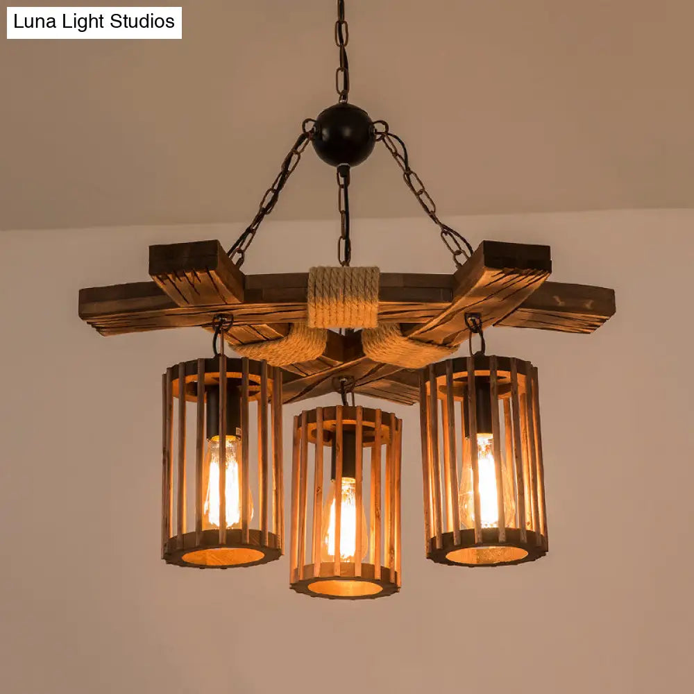 Tseen Kee - Vintage Wood Brown Chandelier - Cylinder Pendant Light  (3/6-Light)