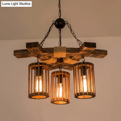Tseen Kee - Vintage Wood Brown Chandelier - Cylinder Pendant Light  (3/6-Light)