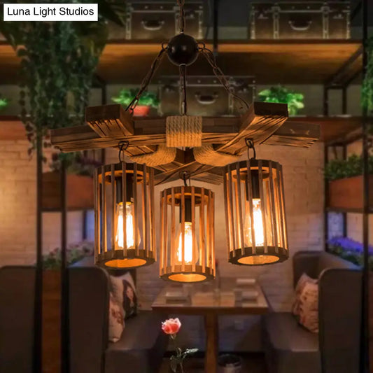 Tseen Kee - Vintage Wood Brown Chandelier - Cylinder Pendant Light  (3/6-Light)