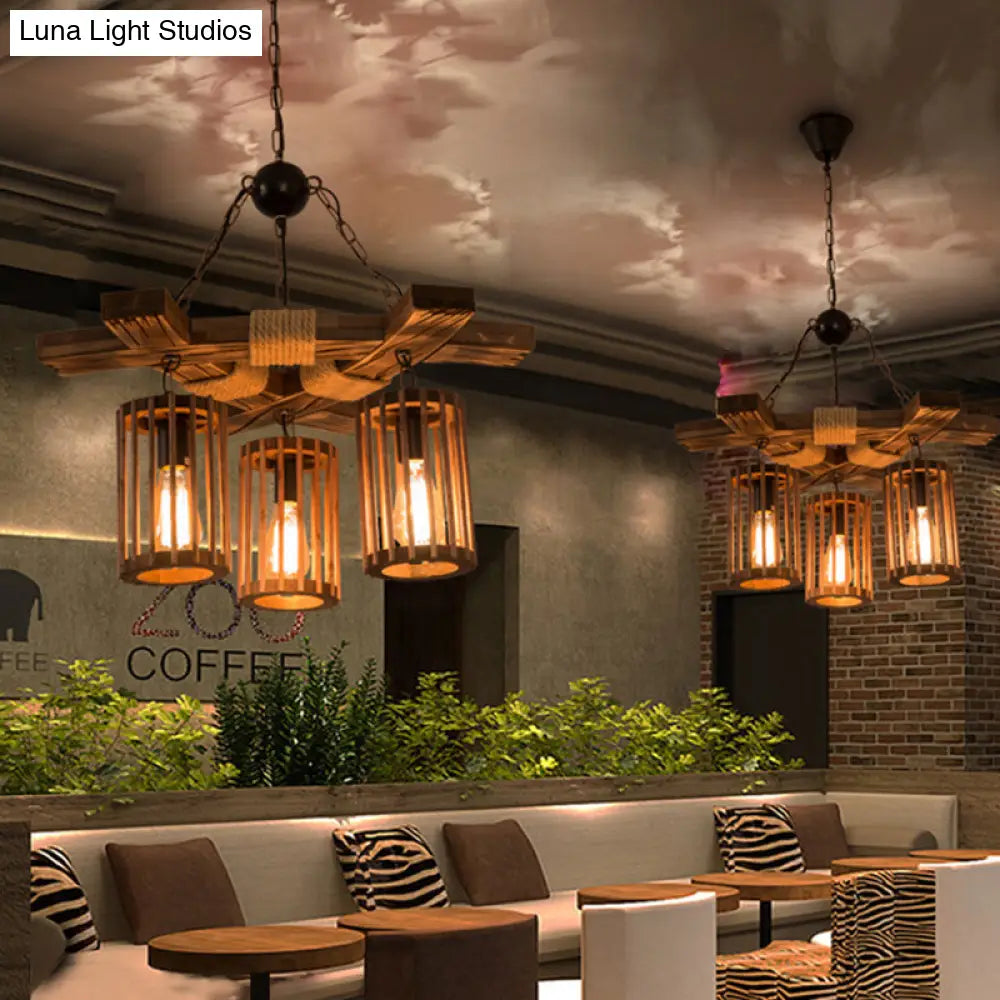 Tseen Kee - Vintage Wood Brown Chandelier - Cylinder Pendant Light  (3/6-Light)