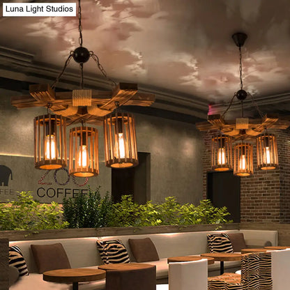 Tseen Kee - Vintage Wood Brown Chandelier - Cylinder Pendant Light  (3/6-Light)