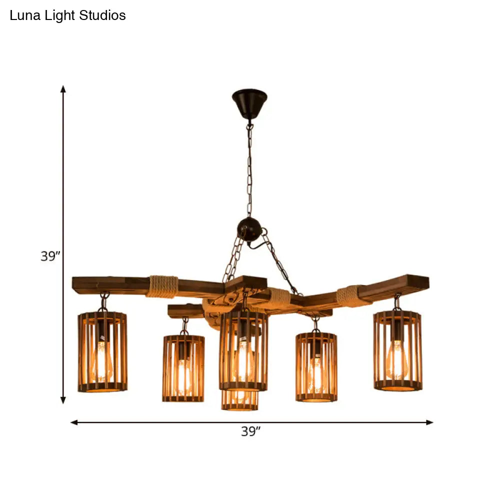 Tseen Kee - Vintage Wood Brown Chandelier - Cylinder Pendant Light  (3/6-Light)
