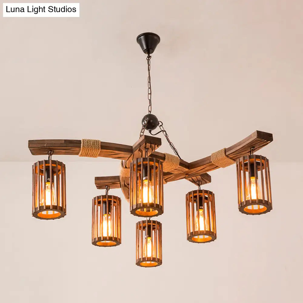 Tseen Kee - Vintage Wood Brown Chandelier - Cylinder Pendant Light  (3/6-Light)