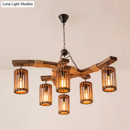 Tseen Kee - Vintage Wood Brown Chandelier - Cylinder Pendant Light  (3/6-Light)