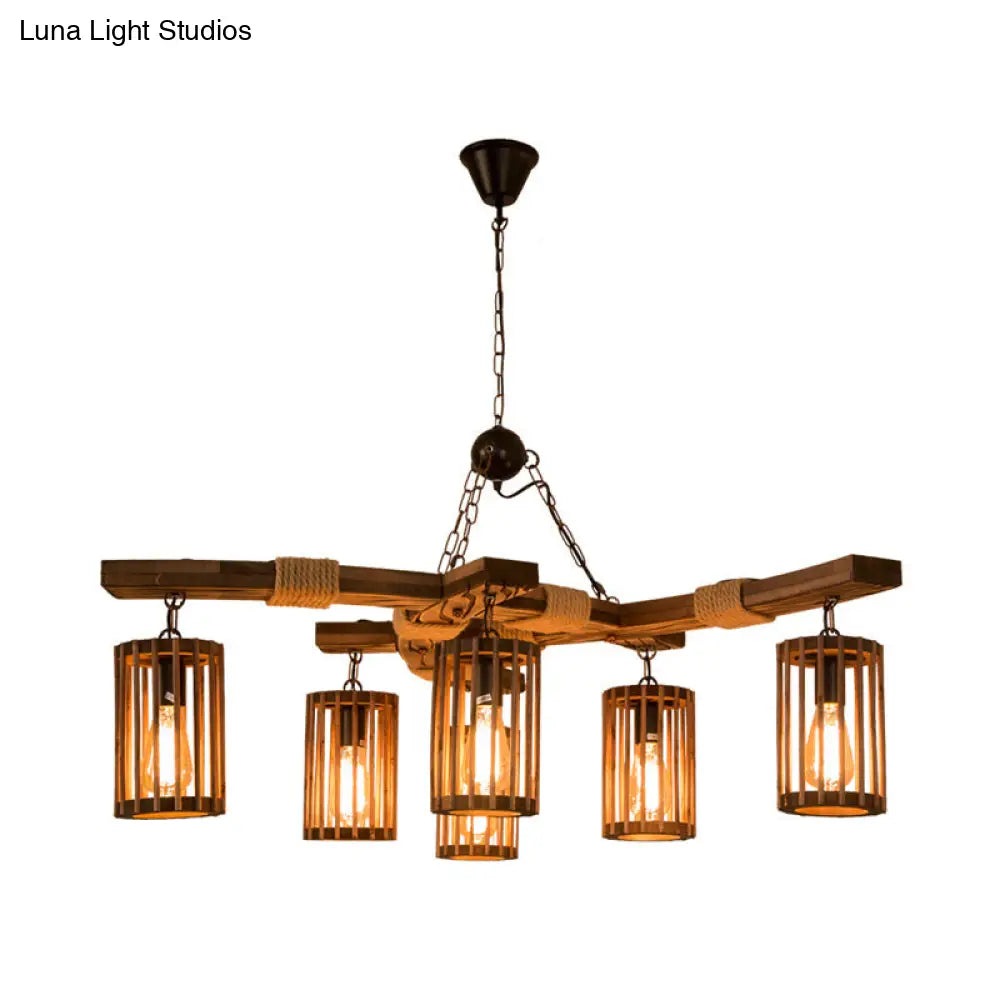Tseen Kee - Vintage Wood Brown Chandelier - Cylinder Pendant Light  (3/6-Light)