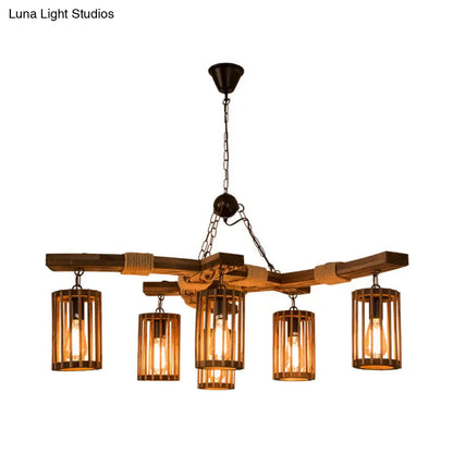 Tseen Kee - Vintage Wood Brown Chandelier - Cylinder Pendant Light  (3/6-Light)