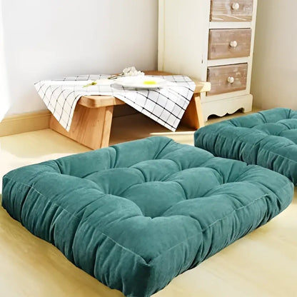 Teal corduroy floor seat cushion with tufted square design from decorbites for comfortable living room seating