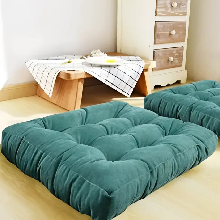 Teal corduroy floor seat cushion with tufted square design from decorbites for comfortable living room seating