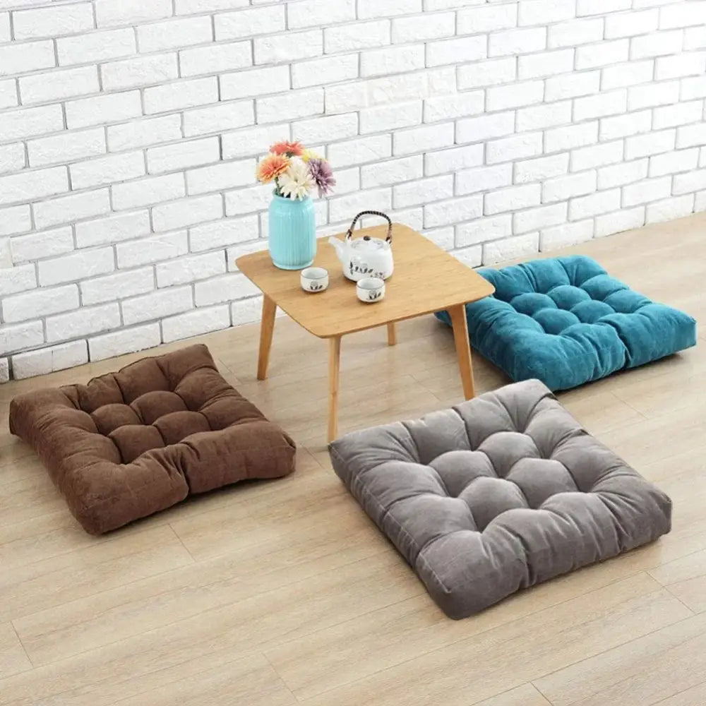 Three square tufted floor cushions in brown gray and teal velvet as corduroy floor seat cushions decorbites style