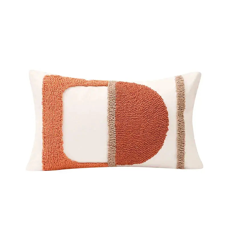 Rectangular cushion cover with terracotta burnt orange decorbites geometric tufted design on cream background for living room