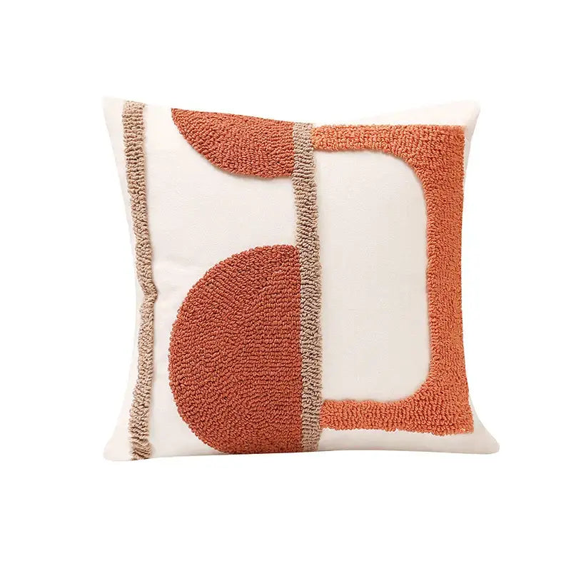 Square cream cushion cover with burnt orange and beige geometric tufted embroidery decorbites gematric design