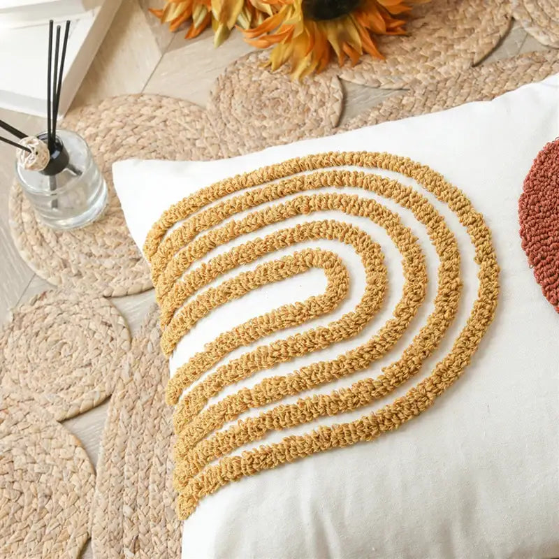 White pillow cushion cover with textured mustard yellow crocheted spiral for burnt orange decorbites gematric tufted decor