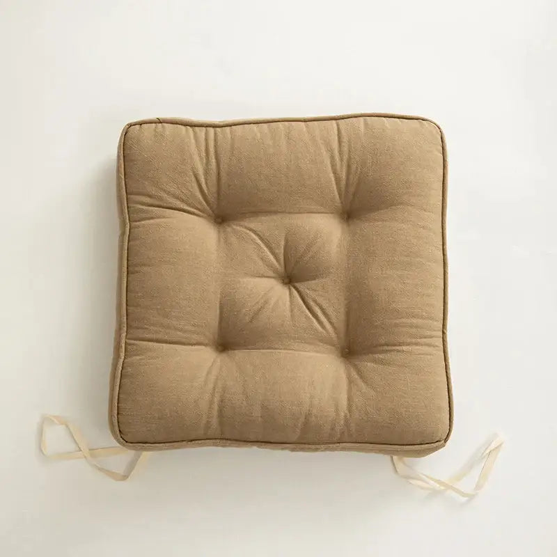 Beige linen decorbites button cushion with tufted center and matching ties for living room decorbites button cushion