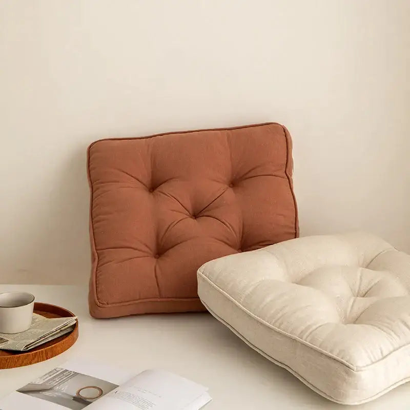 Tufted button cushion in terracotta cream and olive with soft fabric upholstery for living room decorbites button cushion