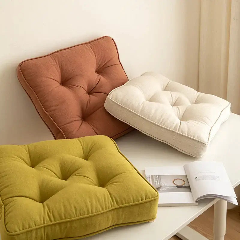 Three decorbites button cushions in terracotta cream and olive with tufted fabric finish for living room decor