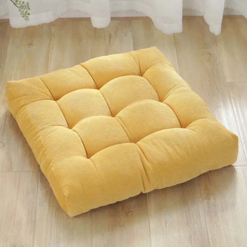 Yellow corduroy tufted floor seat cushion by decorbites for living room or yoga mat use in dark brown variant