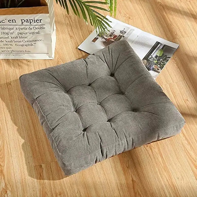 Gray tufted corduroy floor seat cushion from decorbites designed for living room and yoga mat use