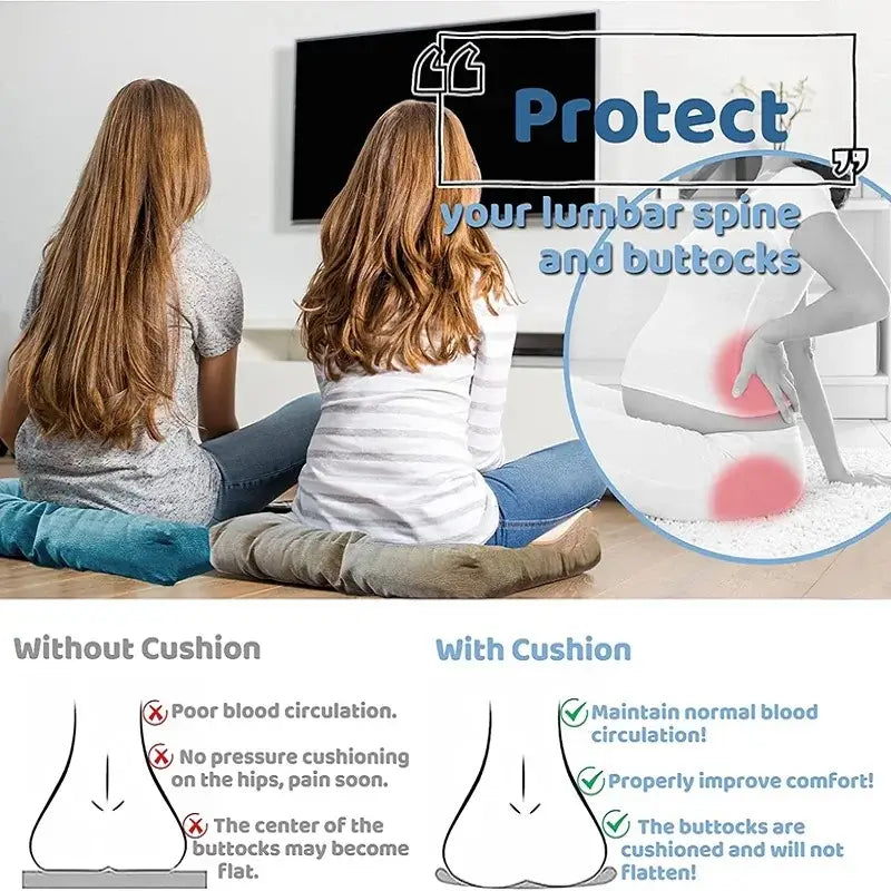 Blue lumbar support seat cushion designed for comfort with decorbites corduroy floor seat and dark brown yoga mat use