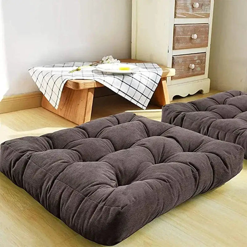 Dark brown corduroy floor seat cushion with tufted quilted design for living room and yoga use by decorbites
