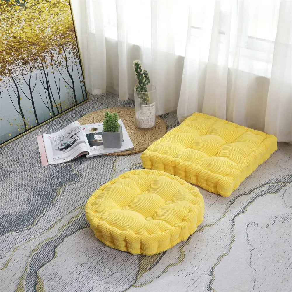 Bright yellow corduroy tufted floor seat cushion with quilted design for living room decorbites chair pad