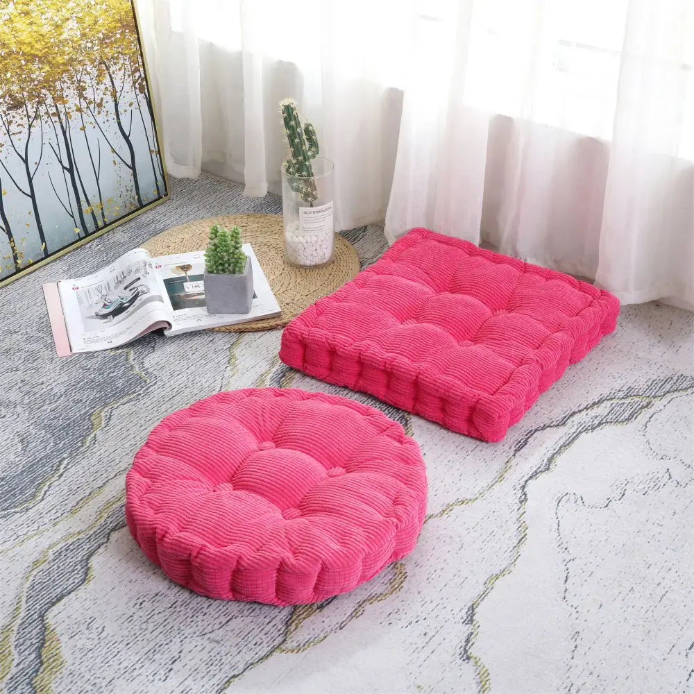 Bright pink decorbites corduroy tufted floor seat cushion with quilted design for living room chair pad decor