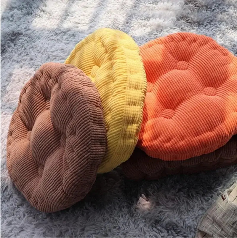 Three round tufted floor seat cushions in brown yellow and orange corduroy for decorbites corduroy tufted chair pads