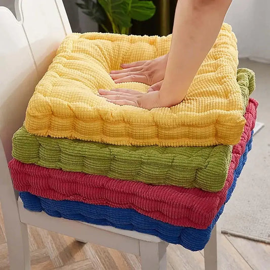 Yellow corduroy quilted tufted floor seat cushion stacked on green pink and blue decorbites corduroy tufted chair pads